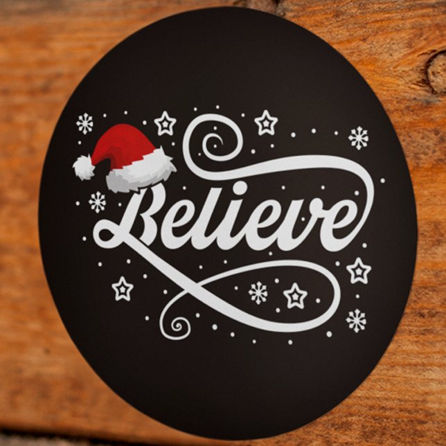 Christmas Believe Santa Claus - Santa Hat Black Classic Round Sticker (Creator Uploaded)