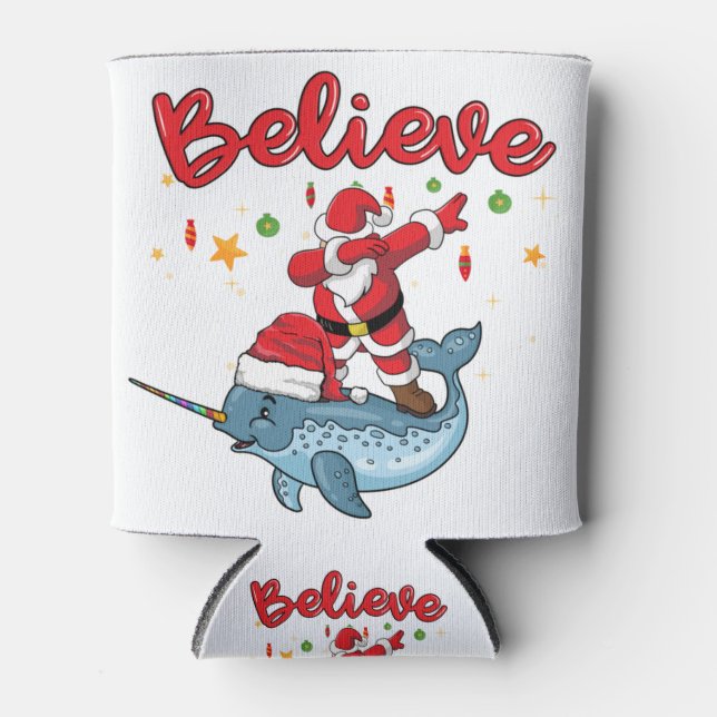 Christmas believe santa riding narwhal with santa can cooler (Front)