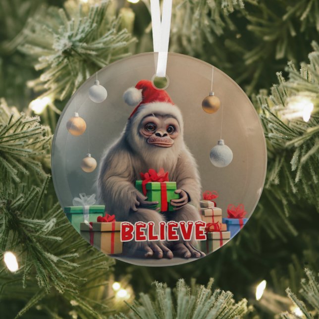 Christmas Believe the Sasquatch Bigfoot Glass Tree Decoration (Insitu)