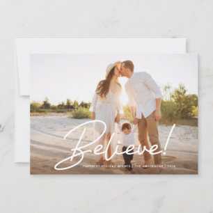 Christmas Believe Trendy Handwritten Script Photo Holiday Card