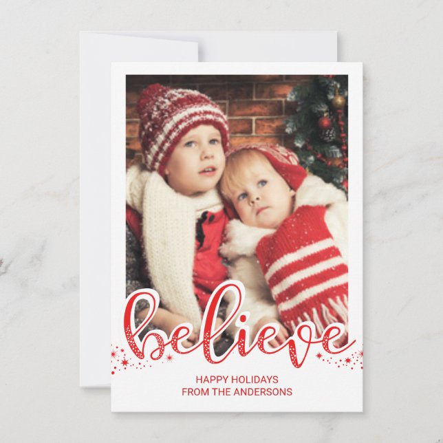 Christmas Believe Whimsical Hand Script Photo Holiday Card (Front)