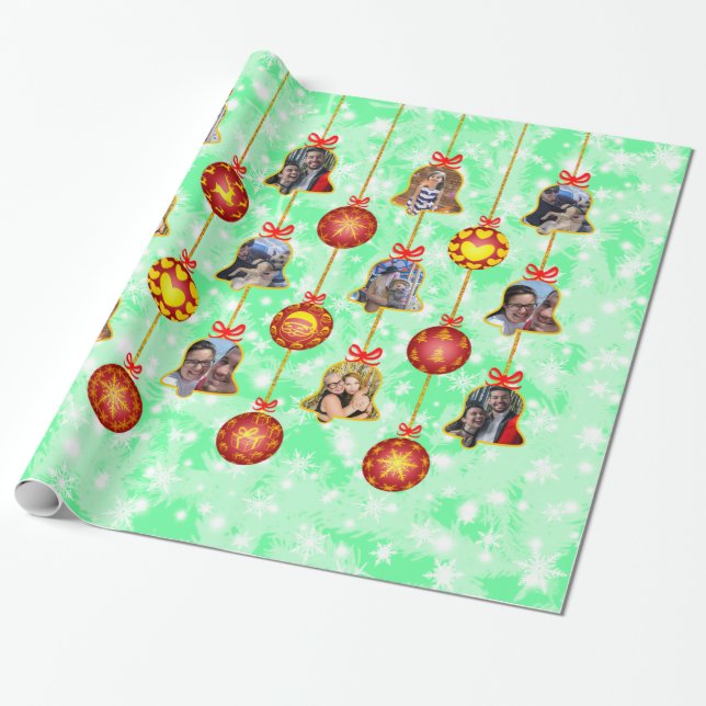 Christmas Bell & Ball Ornaments 6 Photos L-Green Wrapping Paper (Unrolled)