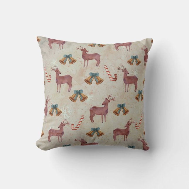 Christmas Bell Deer Candy Cane  Throw Pillow (Front)