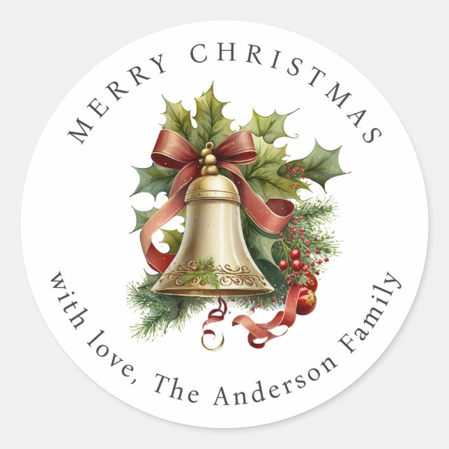Christmas Bell Holly Berries Ribbon Holiday Classic Round Sticker (Front)