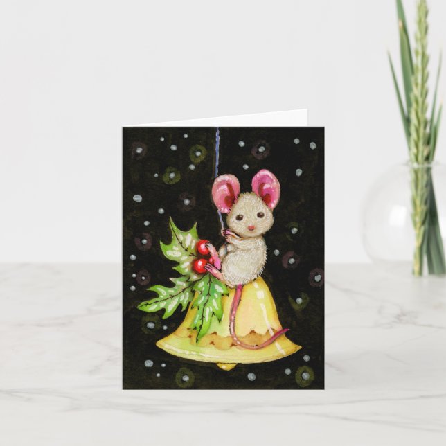 Christmas Bell Mouse Cute Animal Greeting Card (Front)