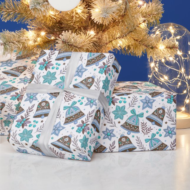 Christmas Bell Pattern in Blue and Purple Wrapping Paper (Holidays)