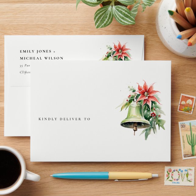 Christmas Bell Pine Poinsettia Foliage Watercolor Envelope (Desk)