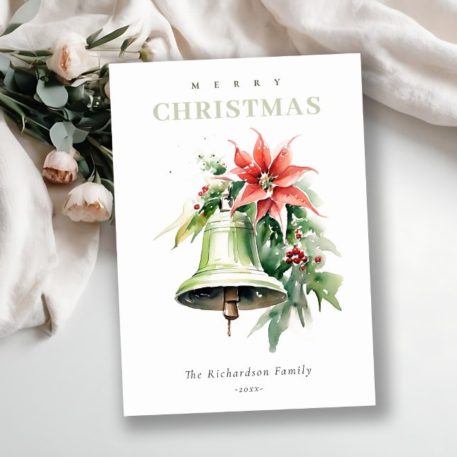 Christmas Bell Pine Poinsettia Foliage Watercolor Holiday Card (Creator Uploaded)