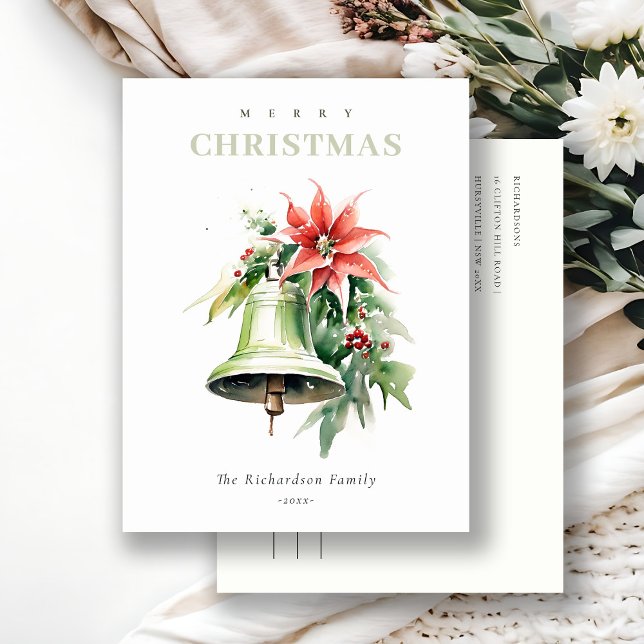 Christmas Bell Pine Poinsettia Foliage Watercolor Holiday Postcard (Creator Uploaded)
