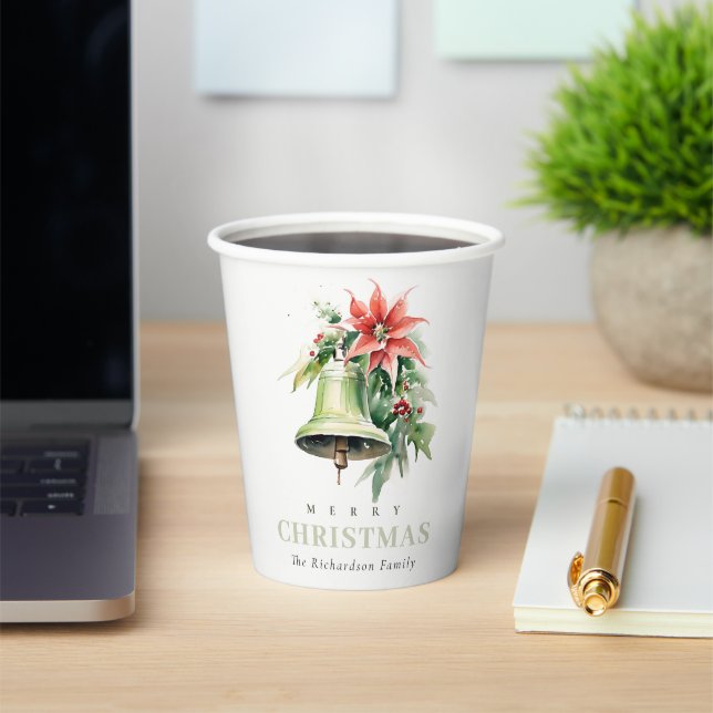 Christmas Bell Pine Poinsettia Foliage Watercolor Paper Cups (Insitu)