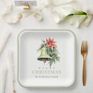 Christmas Bell Pine Poinsettia Foliage Watercolor Paper Plate