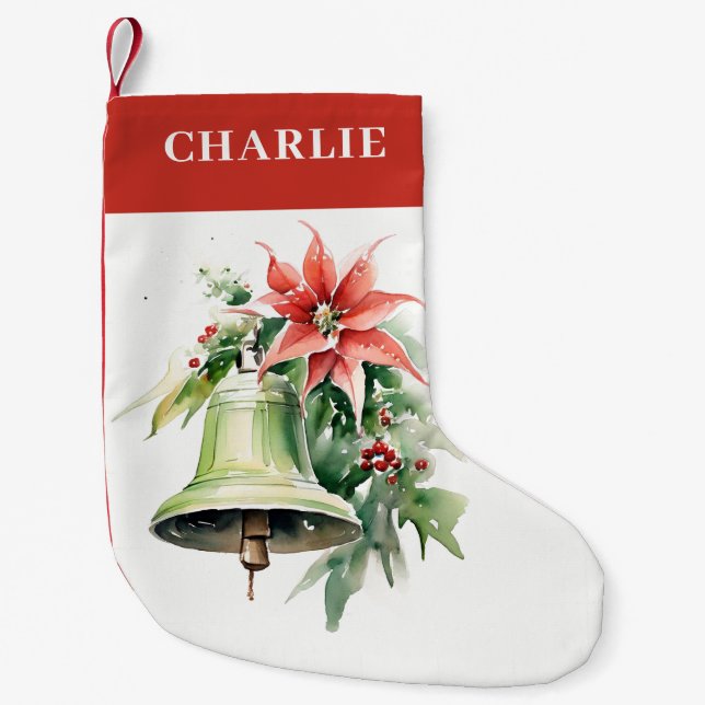 Christmas Bell Pine Poinsettia Foliage Watercolor Small Christmas Stocking (Front)