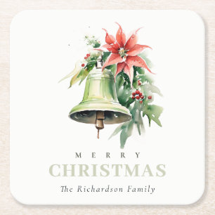 Christmas Bell Pine Poinsettia Foliage Watercolor Square Paper Coaster