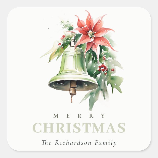 Christmas Bell Pine Poinsettia Foliage Watercolor Square Sticker (Front)