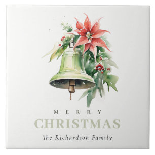 Christmas Bell Pine Poinsettia Foliage Watercolor Tile