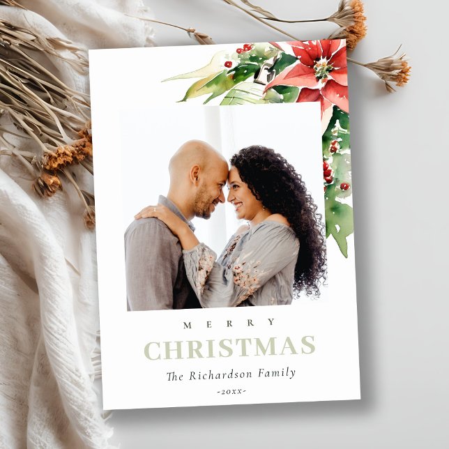 Christmas Bell Pine Poinsettia Watercolor Photo Holiday Card (Creator Uploaded)