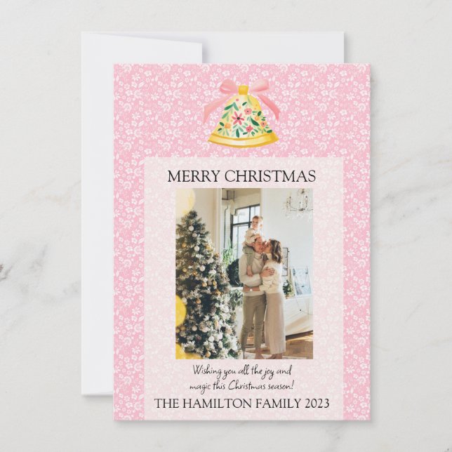 Christmas Bell Pink Preppy with Photo Holiday Card (Front)