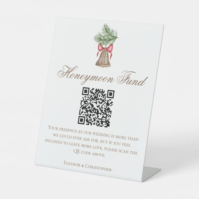 Christmas Bell Wedding Honeymoon Fund QR Code Pedestal Sign (Front)