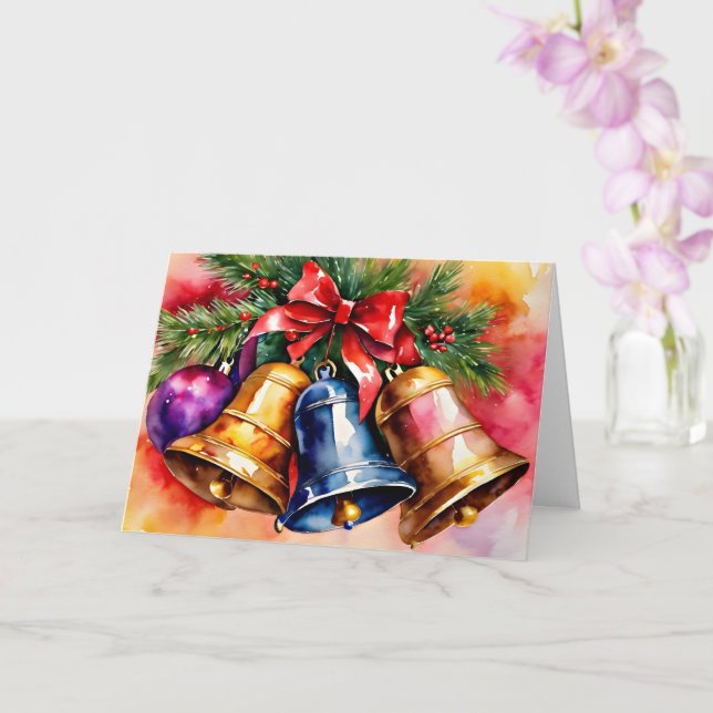Christmas Bells, 3, watercolor artwork Card (Orchid)