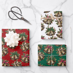 Christmas Bells and Bows Pattern Vintage Style Wrapping Paper Sheet
