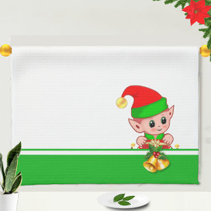 Christmas Bells and Cute Elf on Green and White Tea Towel
