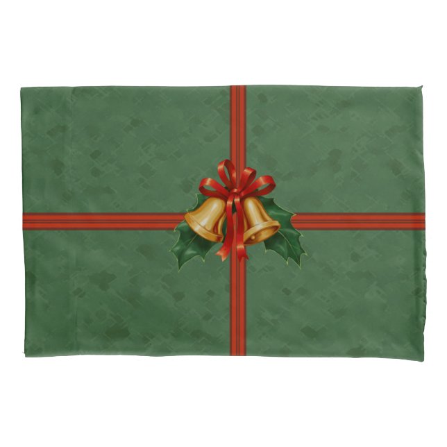 Christmas Bells and Holly Leaves Green Pillowcase (Front-Left)