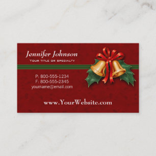 Christmas Bells and Holly Leaves Red Business Card