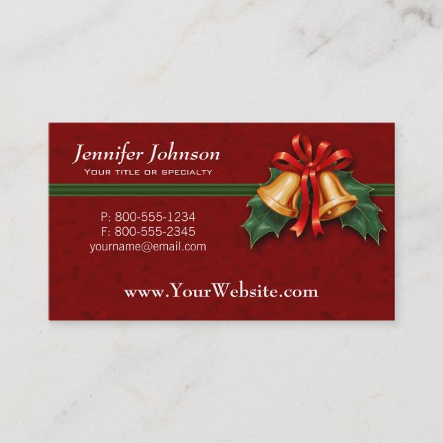 Christmas Bells and Holly Leaves Red Business Card (Front)