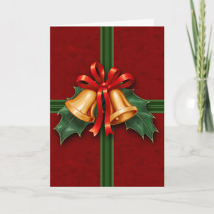 Christmas Bells and Holly Leaves Red Holiday Card