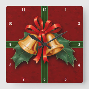 Christmas Bells and Holly Leaves Red Square Wall Clock
