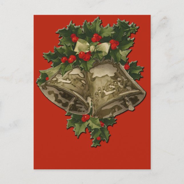 Christmas Bells and Holly on Scarlet Background Holiday Postcard (Front)