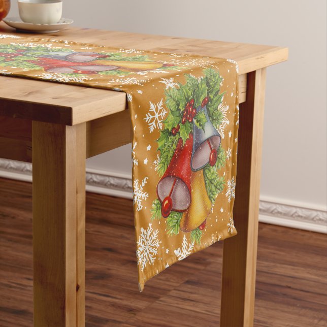 Christmas Bells and Snowflakes Gold Table Runner (In Situ)
