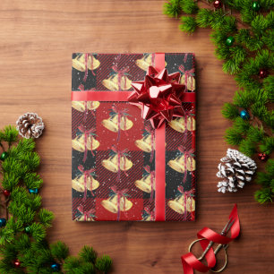 Christmas Bells and Snowflakes on Plaid Wrapping Paper