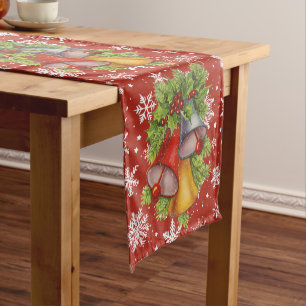 Christmas Bells and Snowflakes Red Short Table Runner