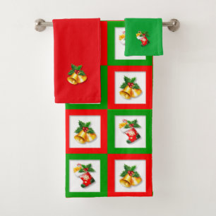 Christmas bells and stocking on green, red & white bath towel set