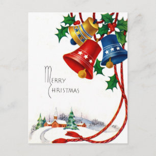 Christmas bells and village church on snow vintage postcard