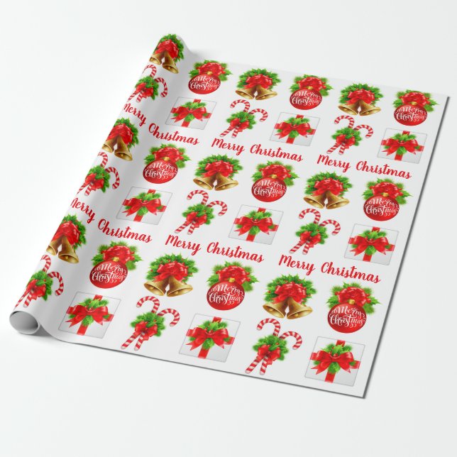 Christmas Bells Balls Candy Cane & Gift Wrapping Paper (Unrolled)