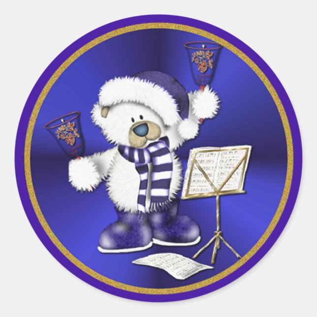 Christmas Bells Bear Blue and Gold Classic Round Sticker (Front)