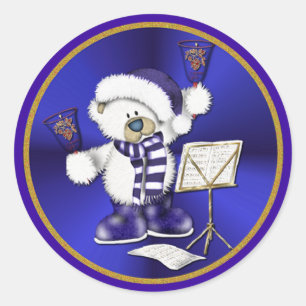 Christmas Bells Bear Blue and Gold Stickers