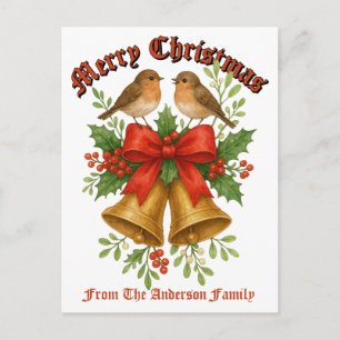 Christmas Bells, Birds, Bow, Holly & Mistletoe Holiday Postcard