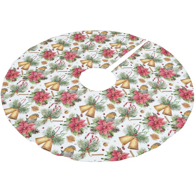 Christmas Bells, Birds & Poinsettias Brushed Polyester Tree Skirt (Angled)