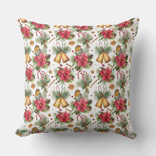 Christmas Bells, Birds & Poinsettias Cushion (Front)