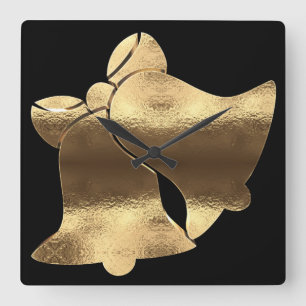 Christmas Bells Black Gold Look Festive Elegant Square Wall Clock