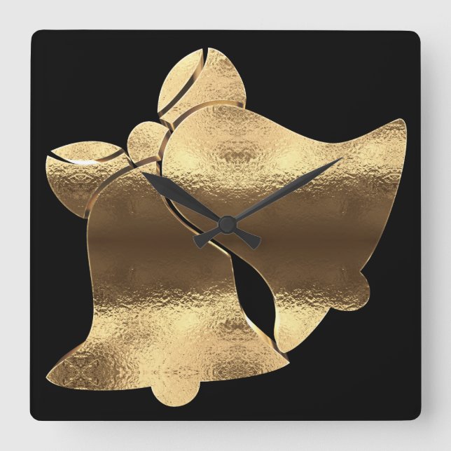 Christmas Bells Black Gold Look Festive Elegant Square Wall Clock (Front)