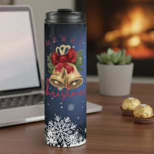 Christmas Bells Blue Snowflakes Thermal Tumbler