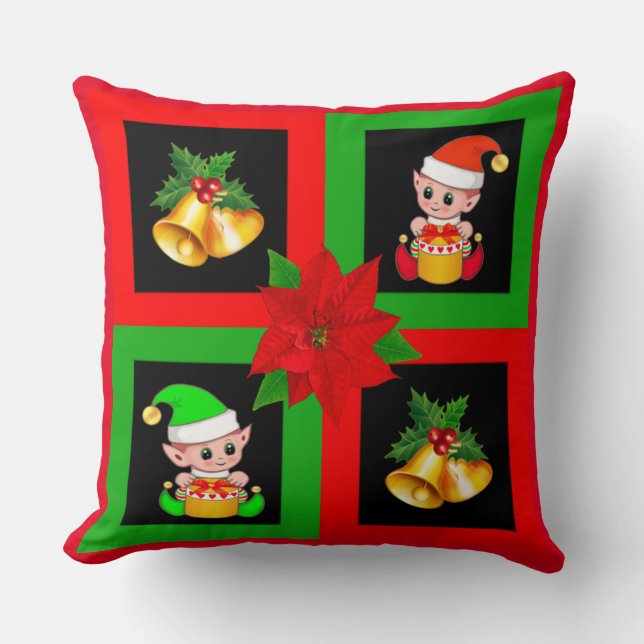 Christmas bells & elf on black, green & red cushion (Front)
