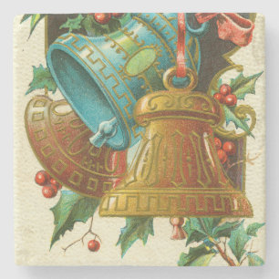 Christmas Bells, Festive Vintage Greeting Card Stone Coaster