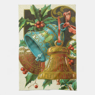 Christmas Bells, Festive Vintage Greeting Card Tea Towel