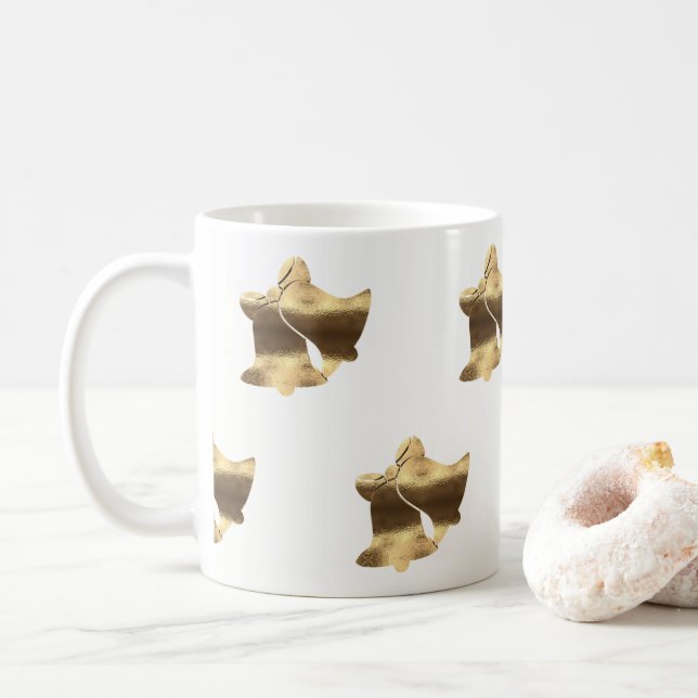 Christmas Bells Gold and White Pattern Elegant Mug (With Donut)