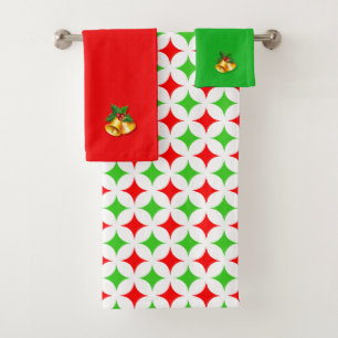 Christmas Bells & Green Red Diamond Star Pattern Bath Towel Set